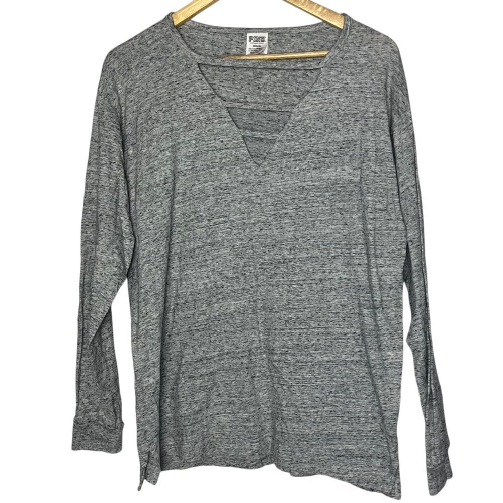 Victoria's Secret Pink M Long Sleeve Cutout Neck Tee Gray Marl Classic Dog Logo